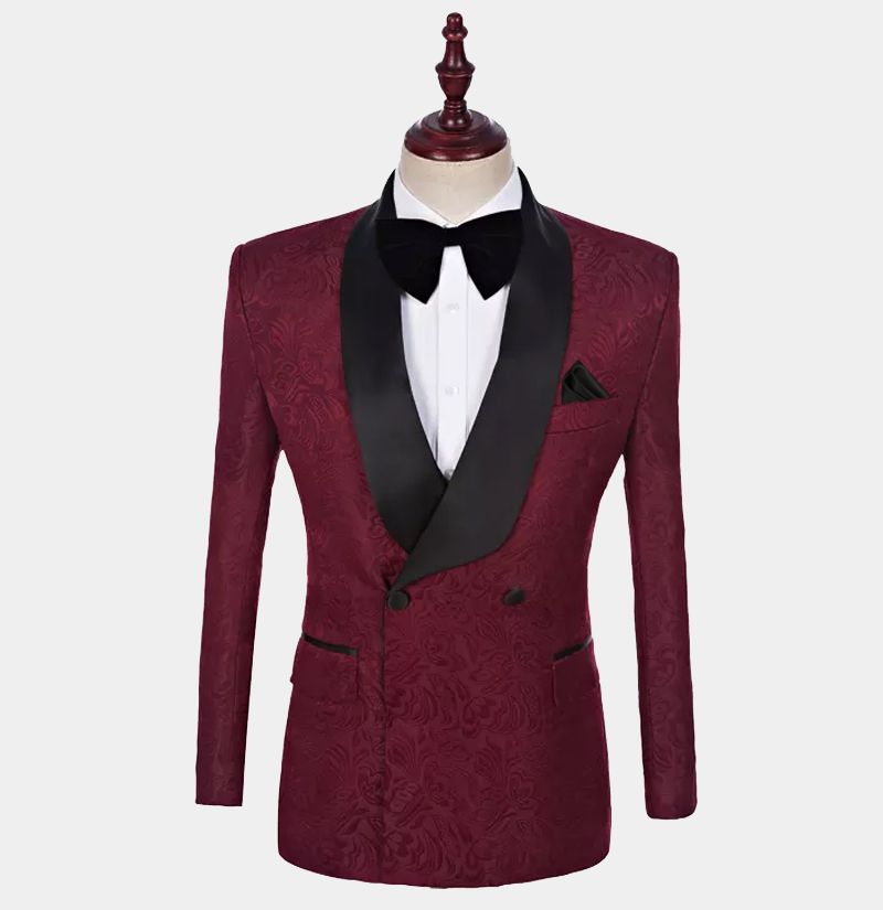 Burgundy Jacquard Double Breasted Men Suits for Wedding