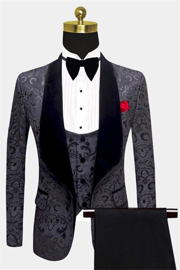 Chic Dark Gray Three Pieces Shawl Lapel Jacquard Wedding Suits