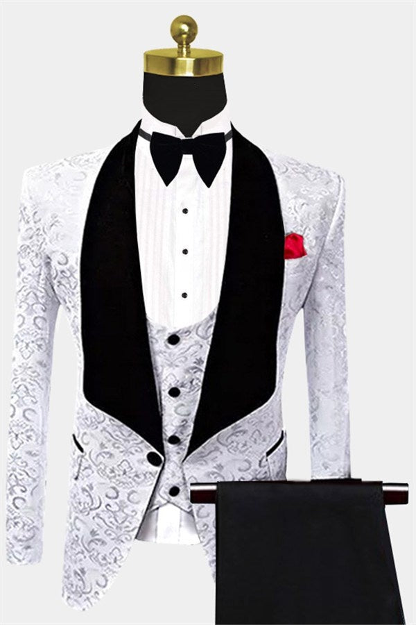 Trendy White Three Pieces Shawl Lapel Jacquard Wedding Suits