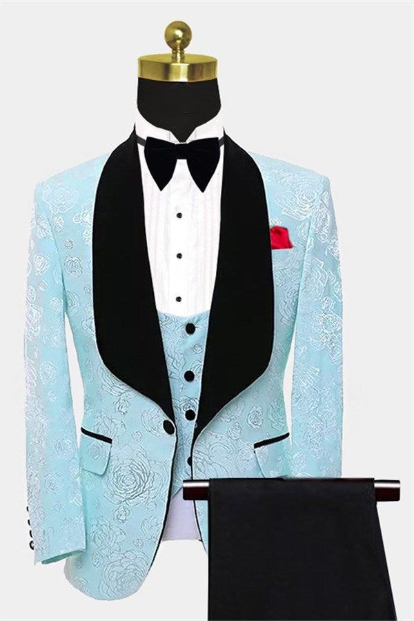 Stylish Turquoise Three Pieces Jacquard Prom Men Suits