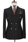 Formal Black Double Breasted Peaked Lapel Business Men Suits