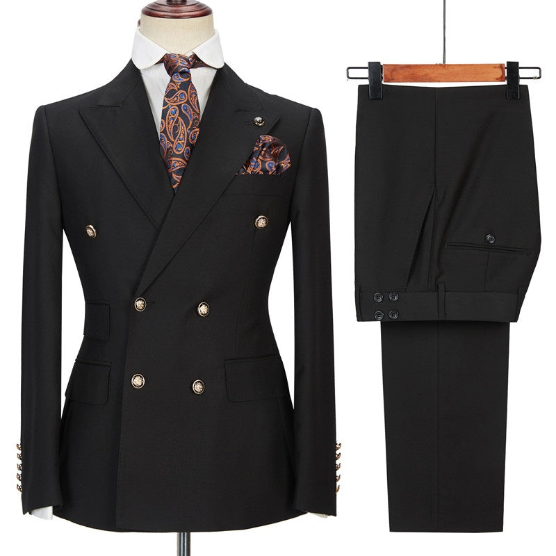 Formal Black Double Breasted Peaked Lapel Business Men Suits