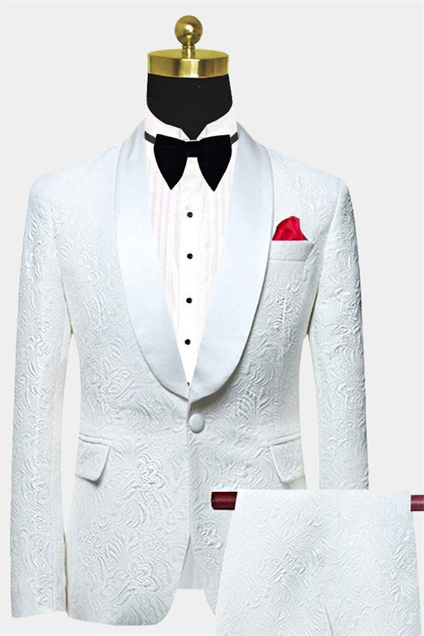 Stylish White Jacquard Shawl Lapel Men's Suits For Prom