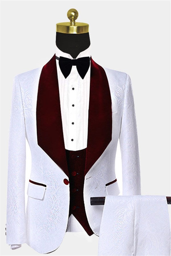 Fancy White 3 Pieces Jacquard Shawl Lapel Prom Men Suits