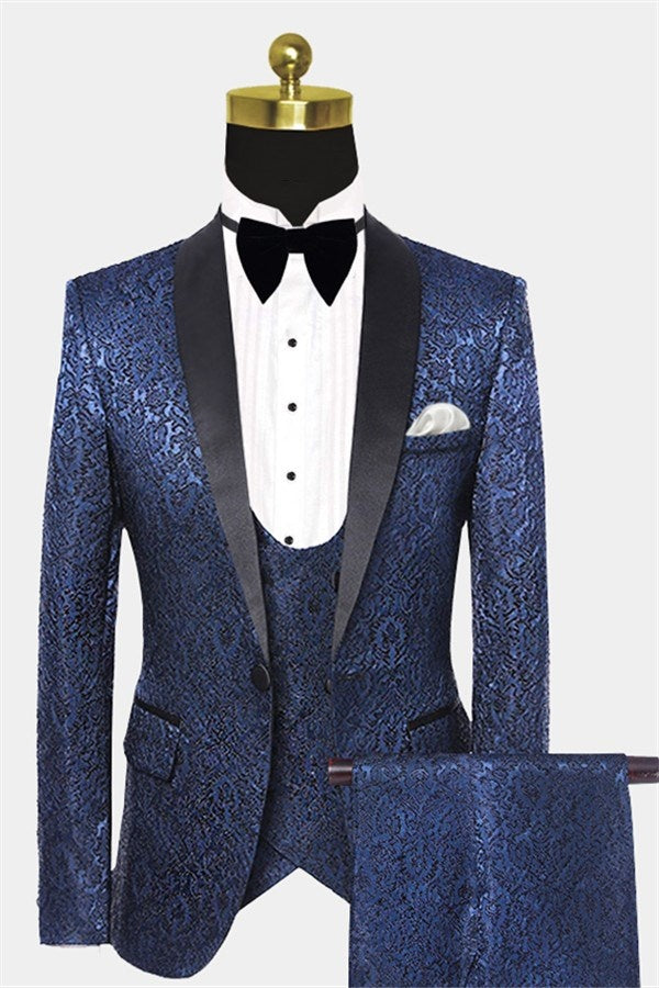 Fashion Navy Blue 3 Pieces Jacquard Prom Suits With Waistcoat