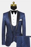Fashion Navy Blue 3 Pieces Jacquard Prom Suits With Waistcoat