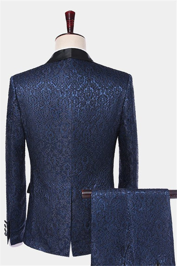 Fashion Navy Blue 3 Pieces Jacquard Prom Suits With Waistcoat
