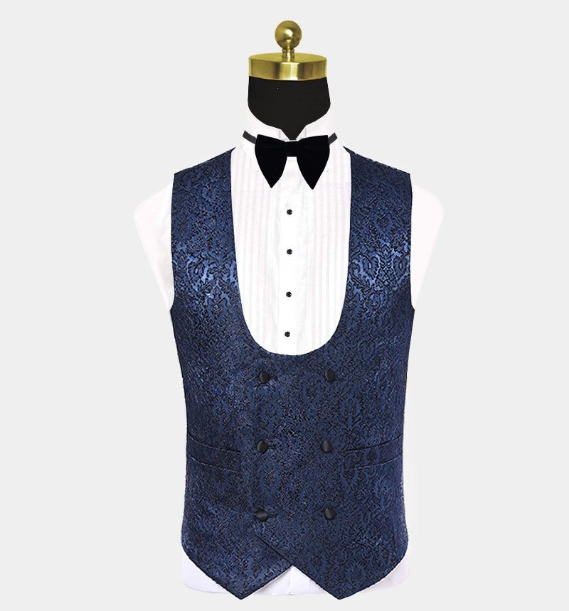 Fashion Navy Blue 3 Pieces Jacquard Prom Suits With Waistcoat