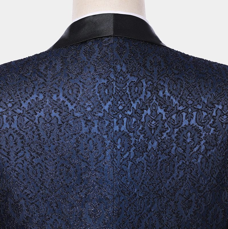 Fashion Navy Blue 3 Pieces Jacquard Prom Suits With Waistcoat