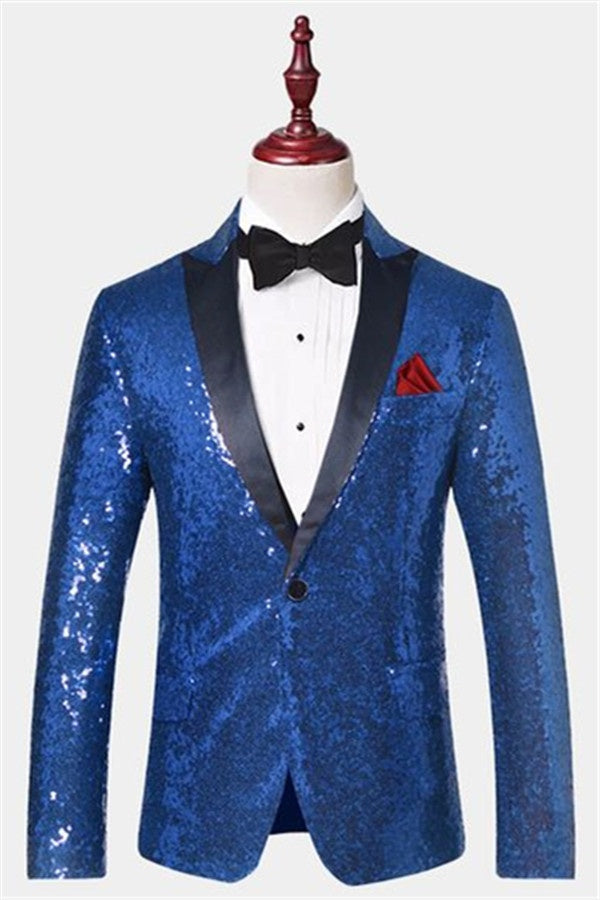 Charming Royal Blue Sequins Peaked Lapel Prom Men Suits