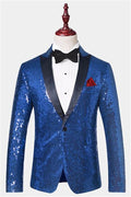 Charming Royal Blue Sequins Peaked Lapel Prom Men Suits
