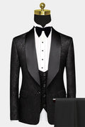 Modern Black Jacquard 3 Pieces Shawl Lapel Prom Suits With Vest
