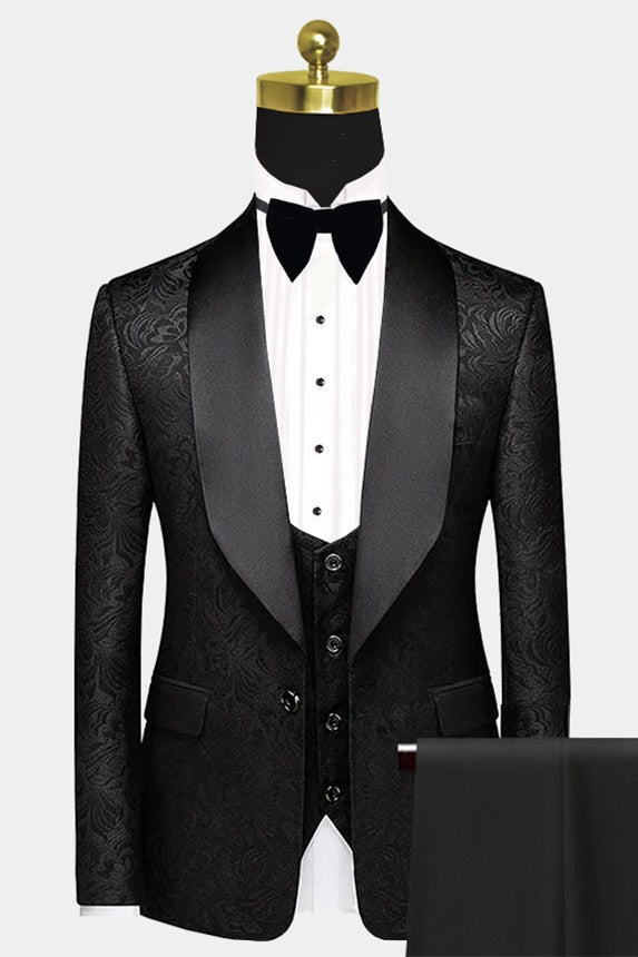 Modern Black Jacquard 3 Pieces Shawl Lapel Prom Suits With Vest