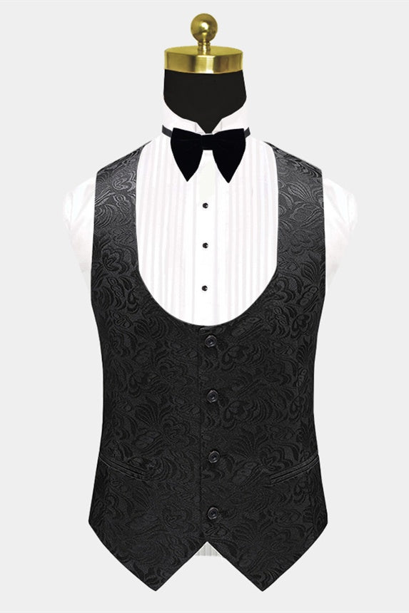 Modern Black Jacquard 3 Pieces Shawl Lapel Prom Suits With Vest