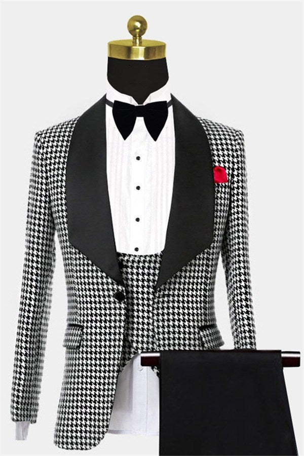 Newest Black And White Houndstooth Three Pieces Prom Suits With Waistcoat