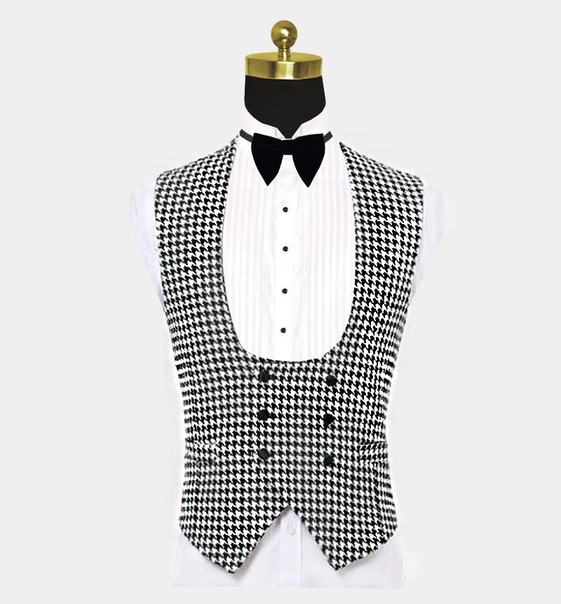 Newest Black And White Houndstooth Three Pieces Prom Suits With Waistcoat