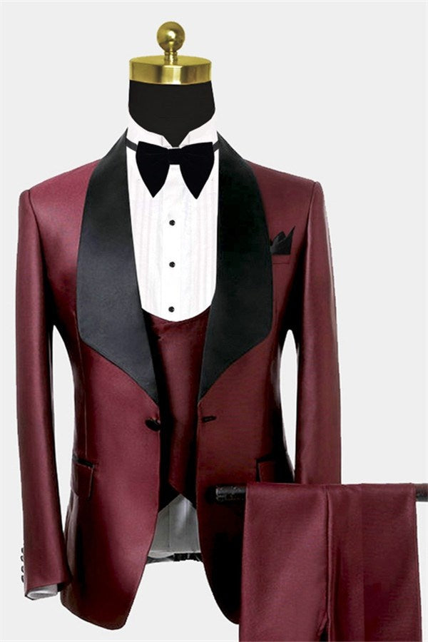 Bespoke Burgundy Shawl Lapel Three Pieces Prom Suits