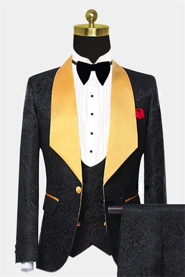 Chic Black Jacquard 3 Pieces Prom Suits With Yellow Lapel