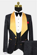 Chic Black Jacquard 3 Pieces Prom Suits With Yellow Lapel