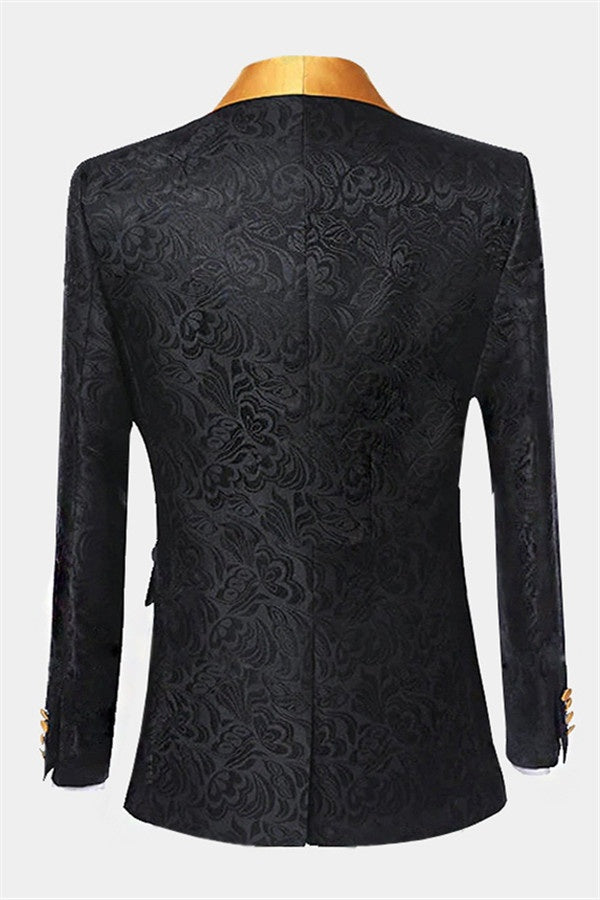 Chic Black Jacquard 3 Pieces Prom Suits With Yellow Lapel