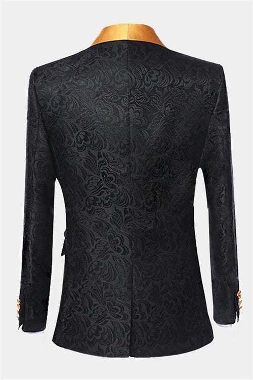 Chic Black Jacquard 3 Pieces Prom Suits With Yellow Lapel