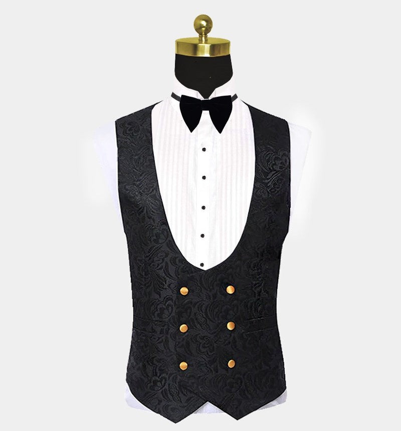 Chic Black Jacquard 3 Pieces Prom Suits With Yellow Lapel