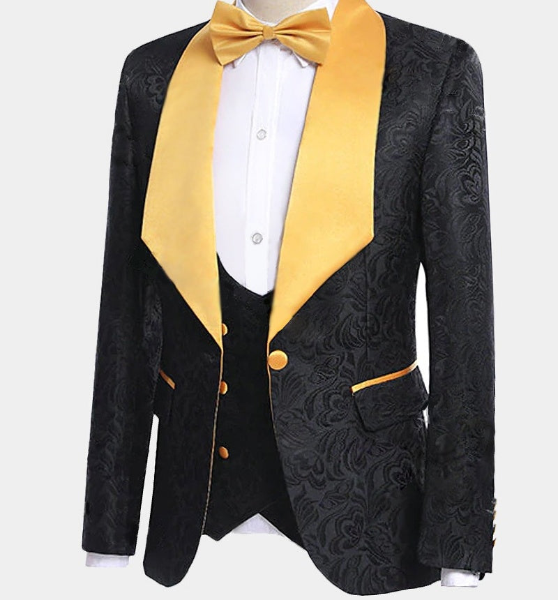 Chic Black Jacquard 3 Pieces Prom Suits With Yellow Lapel