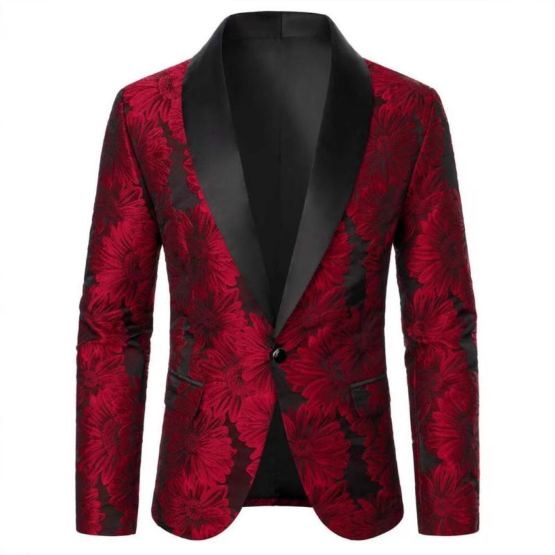 Dark Red Jacquard Shawl Lapel Jacket