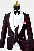 Modern Burgundy Plaid Three Pieces Shawl Lapel Prom Suits With Vest