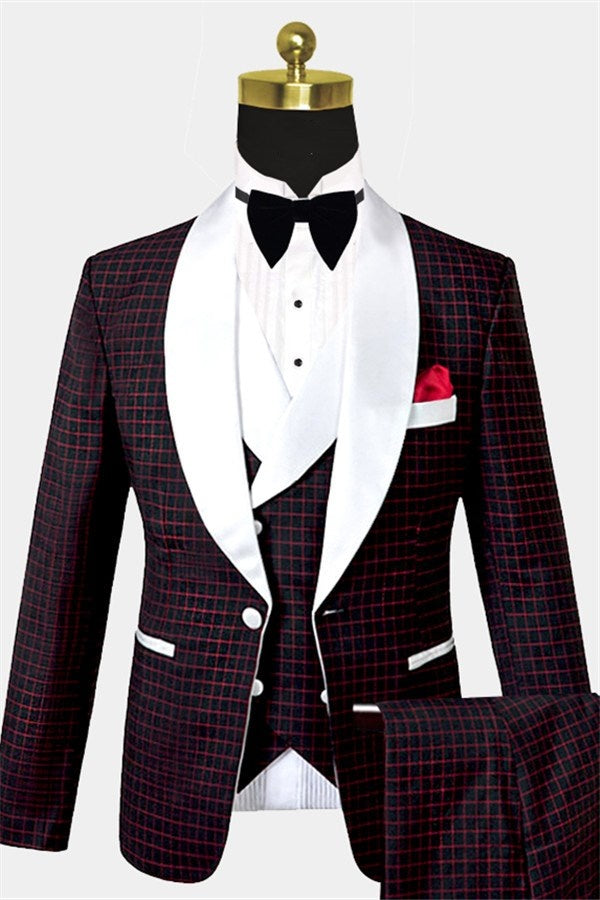 Modern Burgundy Plaid Three Pieces Shawl Lapel Prom Suits With Vest