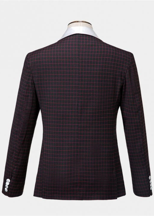 Modern Burgundy Plaid Three Pieces Shawl Lapel Prom Suits With Vest