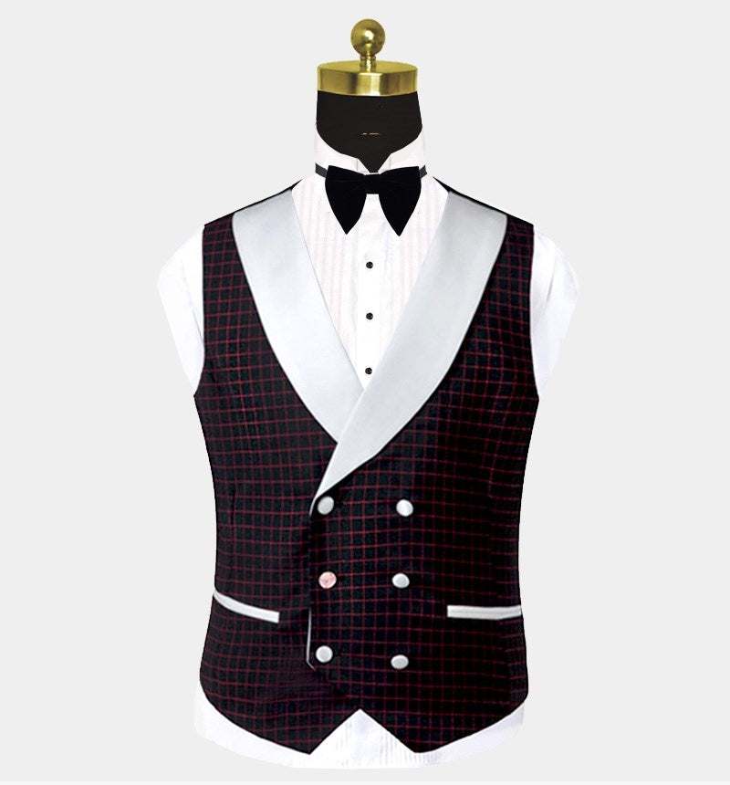 Modern Burgundy Plaid Three Pieces Shawl Lapel Prom Suits With Vest