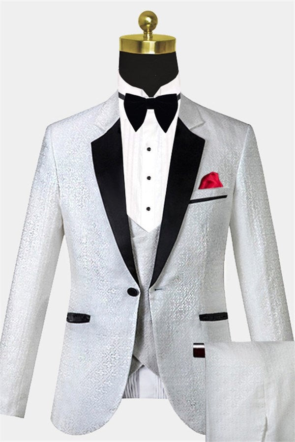 Vintage White 3 Pieces Notched Lapel Jacquard Prom Suits