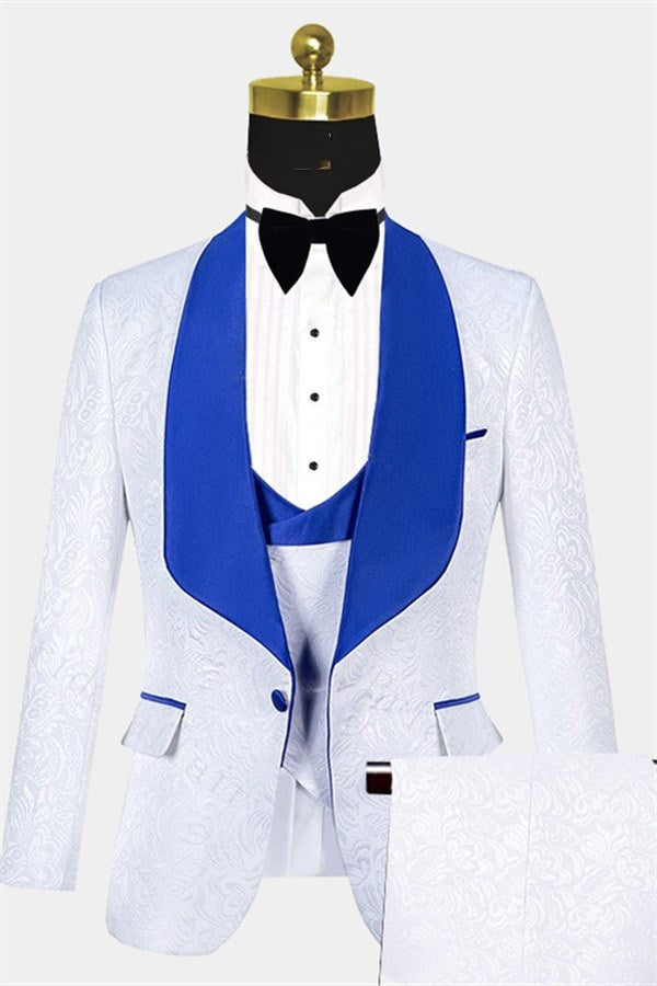 Stylish White 3 Pieces Jacquard Shawl Lapel Prom Suits With Vest
