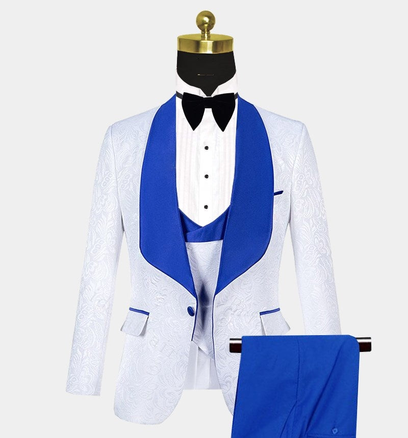 Stylish White 3 Pieces Jacquard Shawl Lapel Prom Suits With Vest