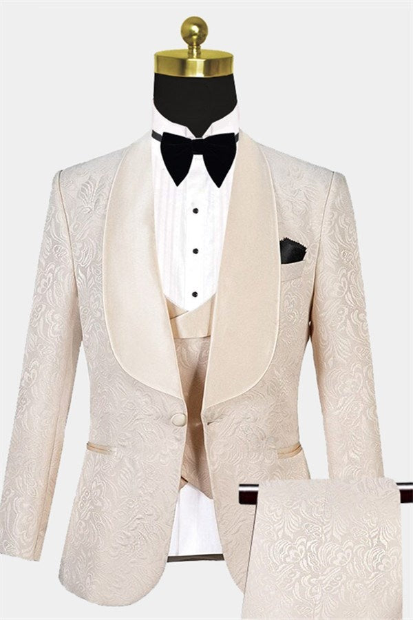 Fancy Champagne 3 Pieces Jacquard Prom Suits With Waistcoat