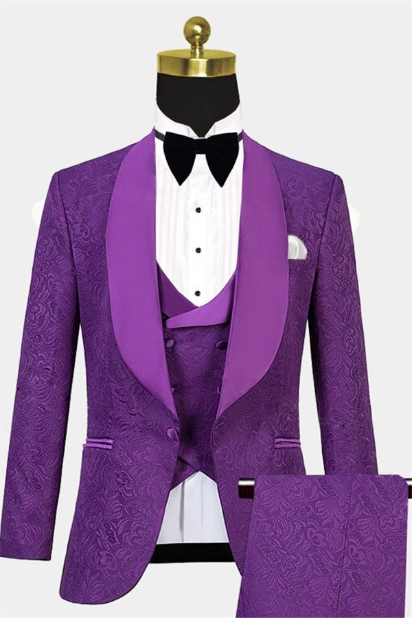 Chic Purple 3 Pieces Jacquard Shawl Lapel Prom Suits For Men