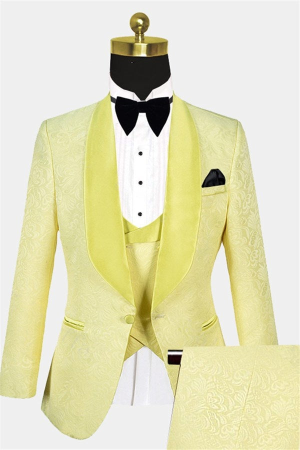 Glamorous Yellow 3 Pieces Jacquard Shawl Lapel Men's Prom Suits