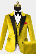 Trendy Yellow 3 Pieces Peaked Lapel Velvet Prom Men Suits