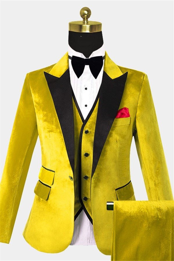 Trendy Yellow 3 Pieces Peaked Lapel Velvet Prom Men Suits