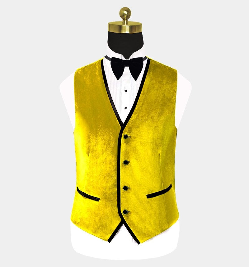 Trendy Yellow 3 Pieces Peaked Lapel Velvet Prom Men Suits