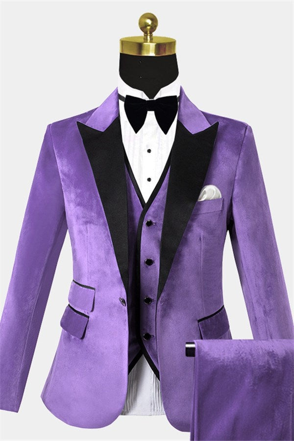 Modern Purple 3 Pieces Slim Fit Velvet Prom Men Suits With Vest
