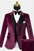 Fashion Burgundy 3 Pieces Close Fitting Velvet Prom Men Suits With Vest