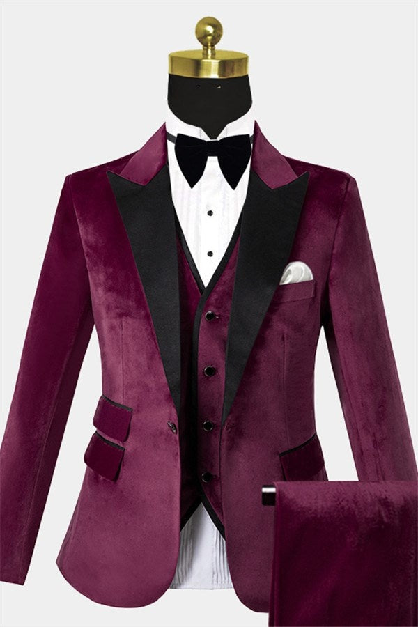 Fashion Burgundy 3 Pieces Close Fitting Velvet Prom Men Suits With Vest