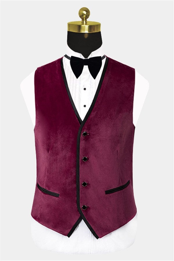Fashion Burgundy 3 Pieces Close Fitting Velvet Prom Men Suits With Vest