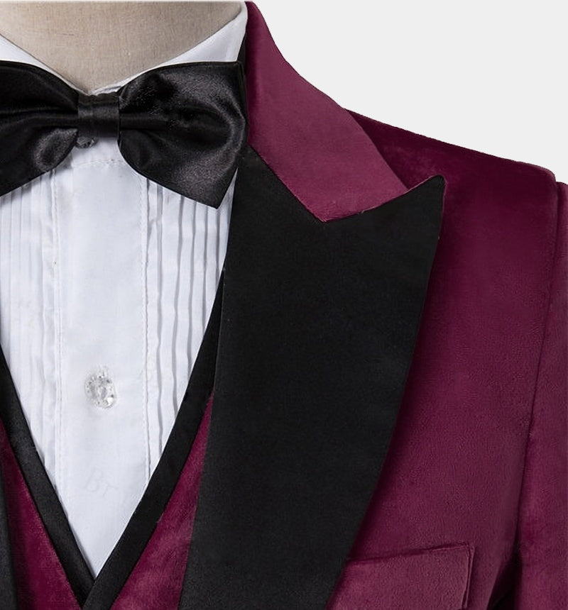 Fashion Burgundy 3 Pieces Close Fitting Velvet Prom Men Suits With Vest