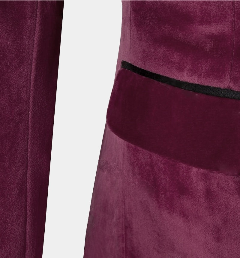 Fashion Burgundy 3 Pieces Close Fitting Velvet Prom Men Suits With Vest