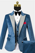 Stylish Blue 3 Pieces Best Fitted Velvet Prom Men Suits With Vest