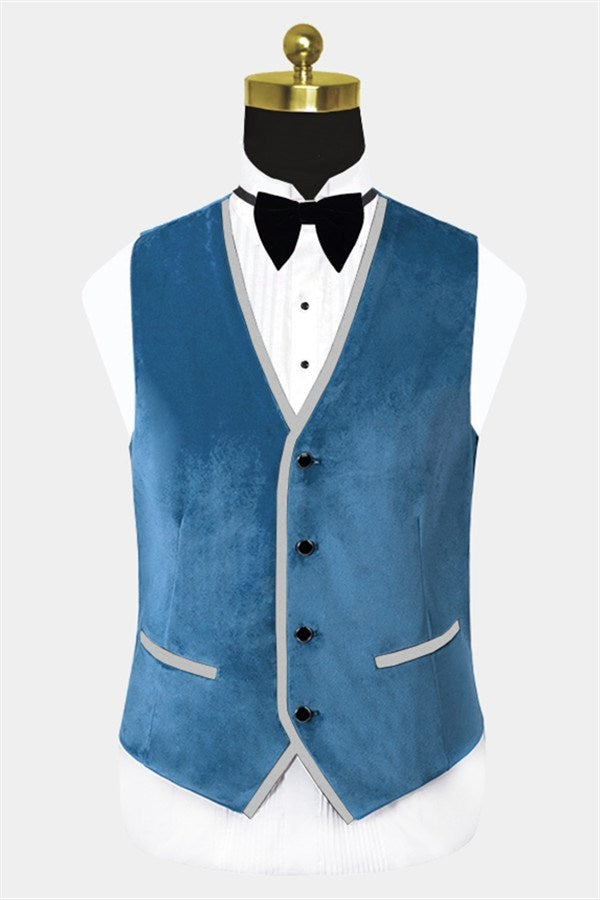 Stylish Blue 3 Pieces Best Fitted Velvet Prom Men Suits With Vest