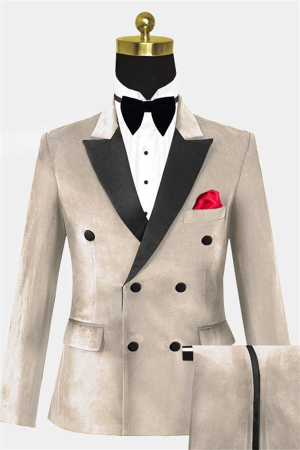 Fancy Beige Peaked Lapel Double Breasted Velvet Prom Men Suits
